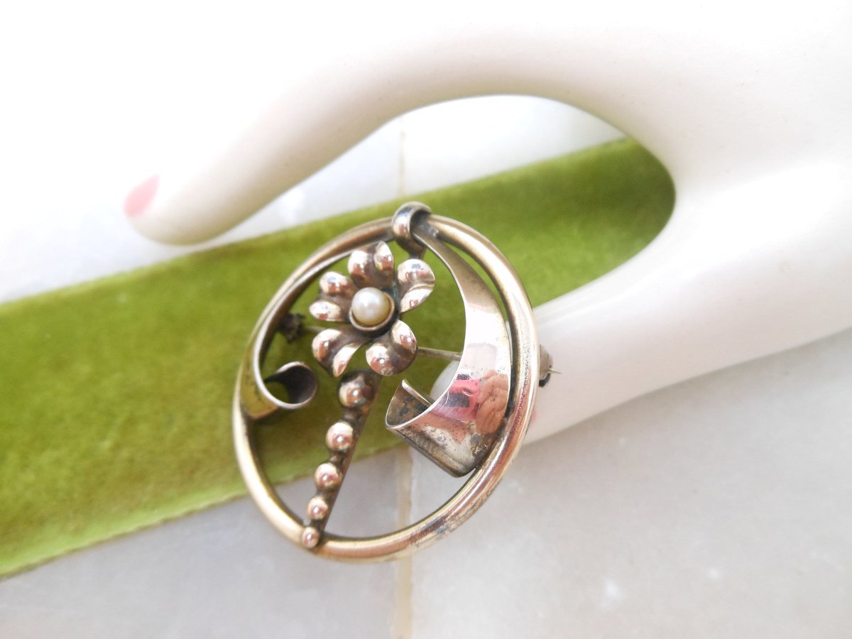 Vintage A & Z Art Deco Pearl Brooch Flower Gold Fill Pin 12K on Sterling Silver Designer GF Mid Century Jewelry Gift, VivianJoel.com