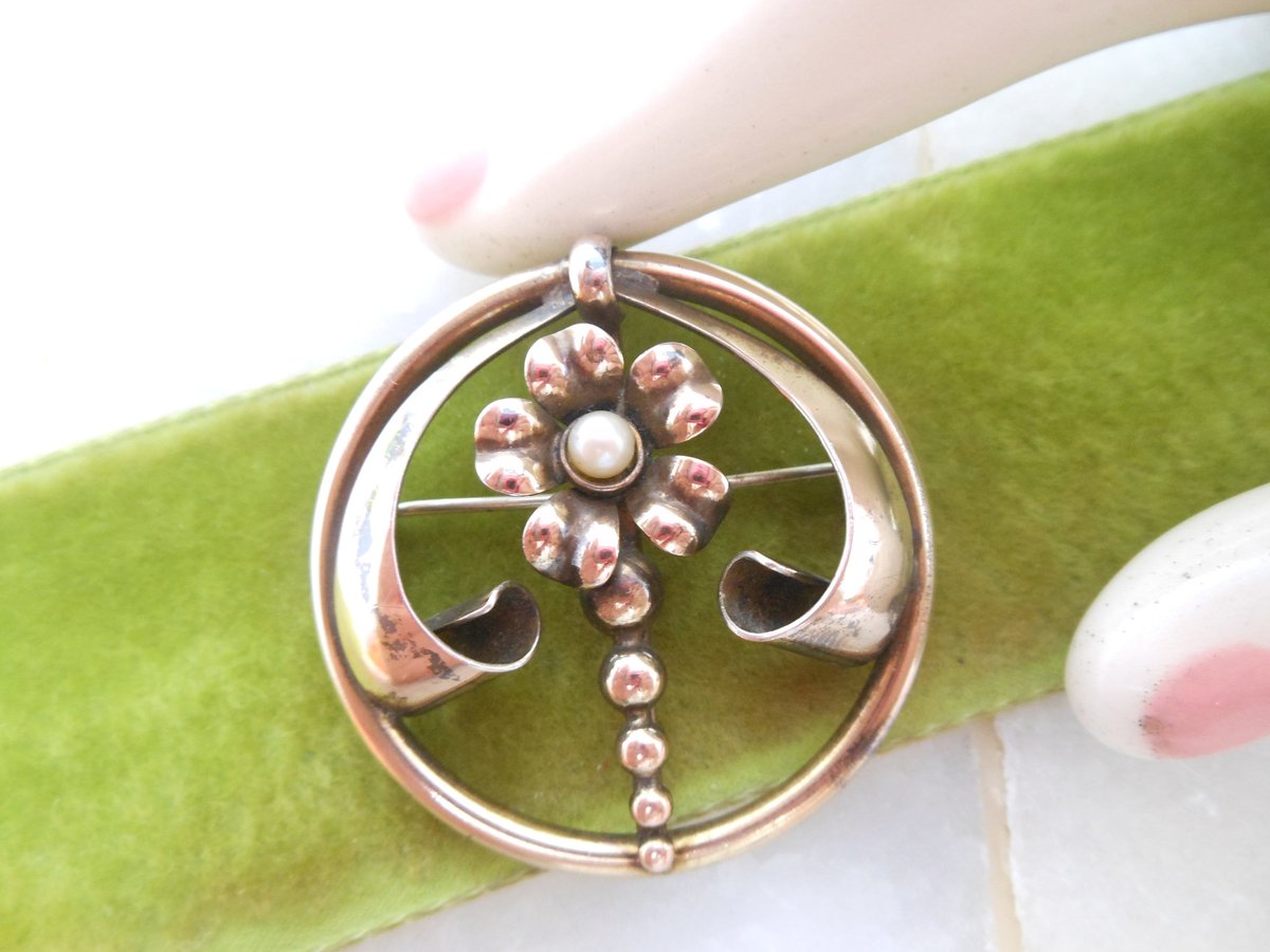 Vintage A & Z Art Deco Pearl Brooch Flower Gold Fill Pin 12K on Sterling Silver Designer GF Mid Century Jewelry Gift, VivianJoel.com