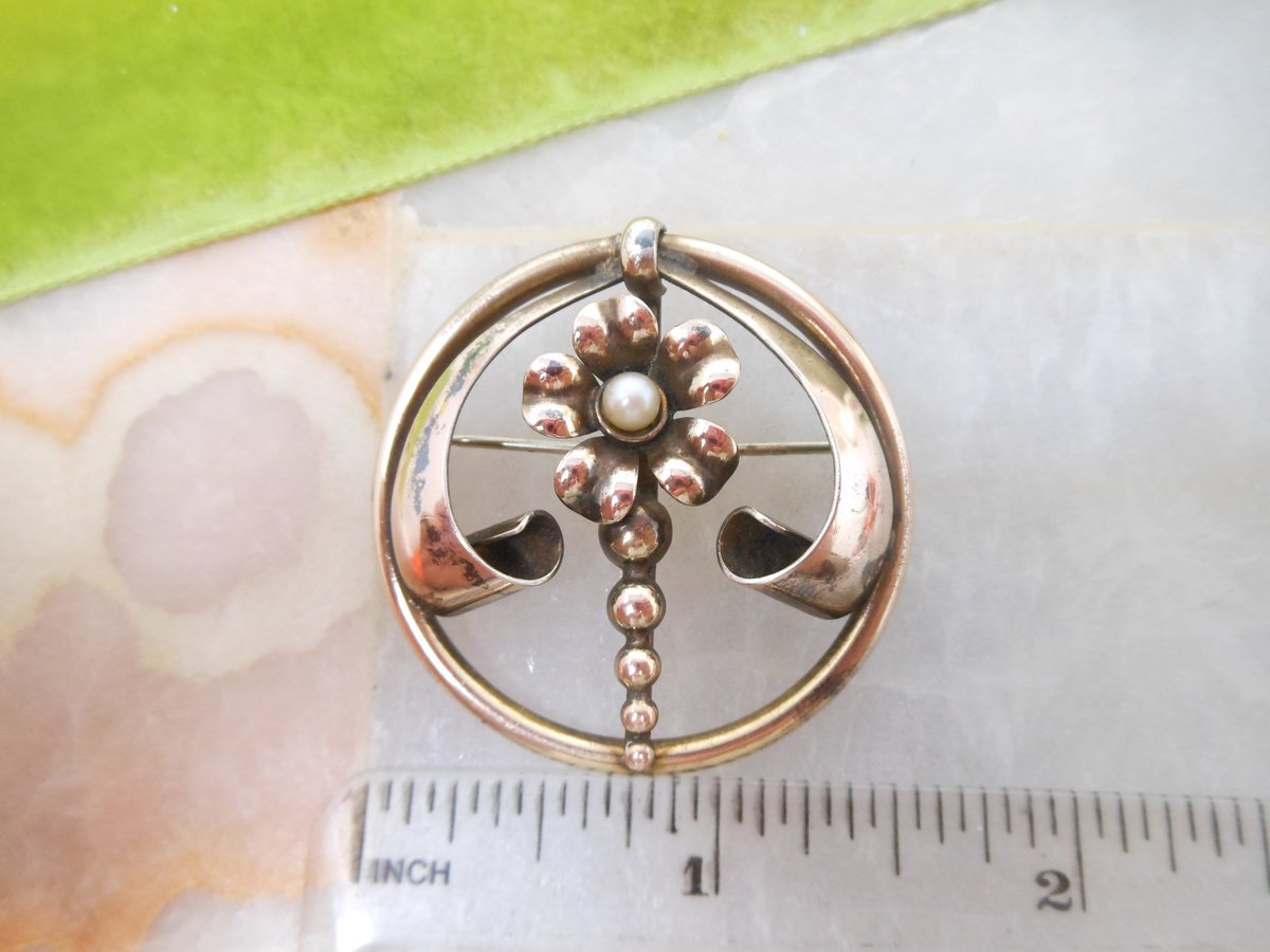 Vintage A & Z Art Deco Pearl Brooch Flower Gold Fill Pin 12K on Sterling Silver Designer GF Mid Century Jewelry Gift, VivianJoel.com