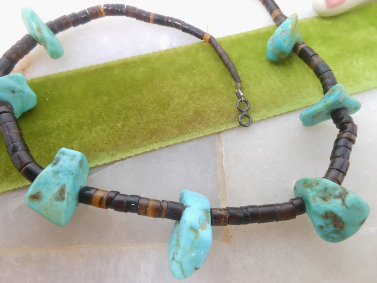 Vintage Turquoise Bead Necklace Collar Chunky Organic Stone Heishi Boho Southwest Organic Mid Century Jewelry Gift, VivianJoel.com