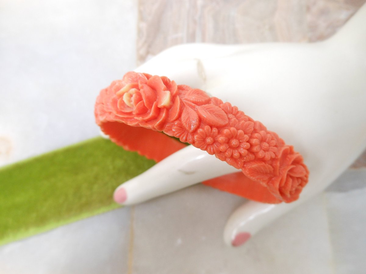 Vintage Celluloid Bangle Bracelet Coral Rose Flower Garland Carved Molded Plastic Art Deco Bakelite Era Mid Century Jewelry, VivianJoel.com