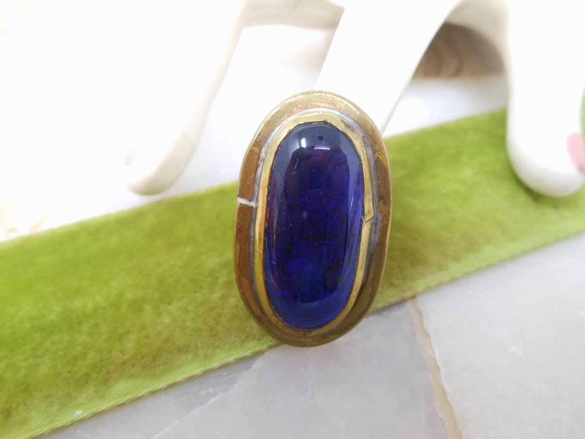 Vintage RAFAEL CANADA Statement Ring Brass Cobalt Blue Glass Artisan Brutalist Modernist Designer Jewelry Gift Size 8.5, VivianJoel.com