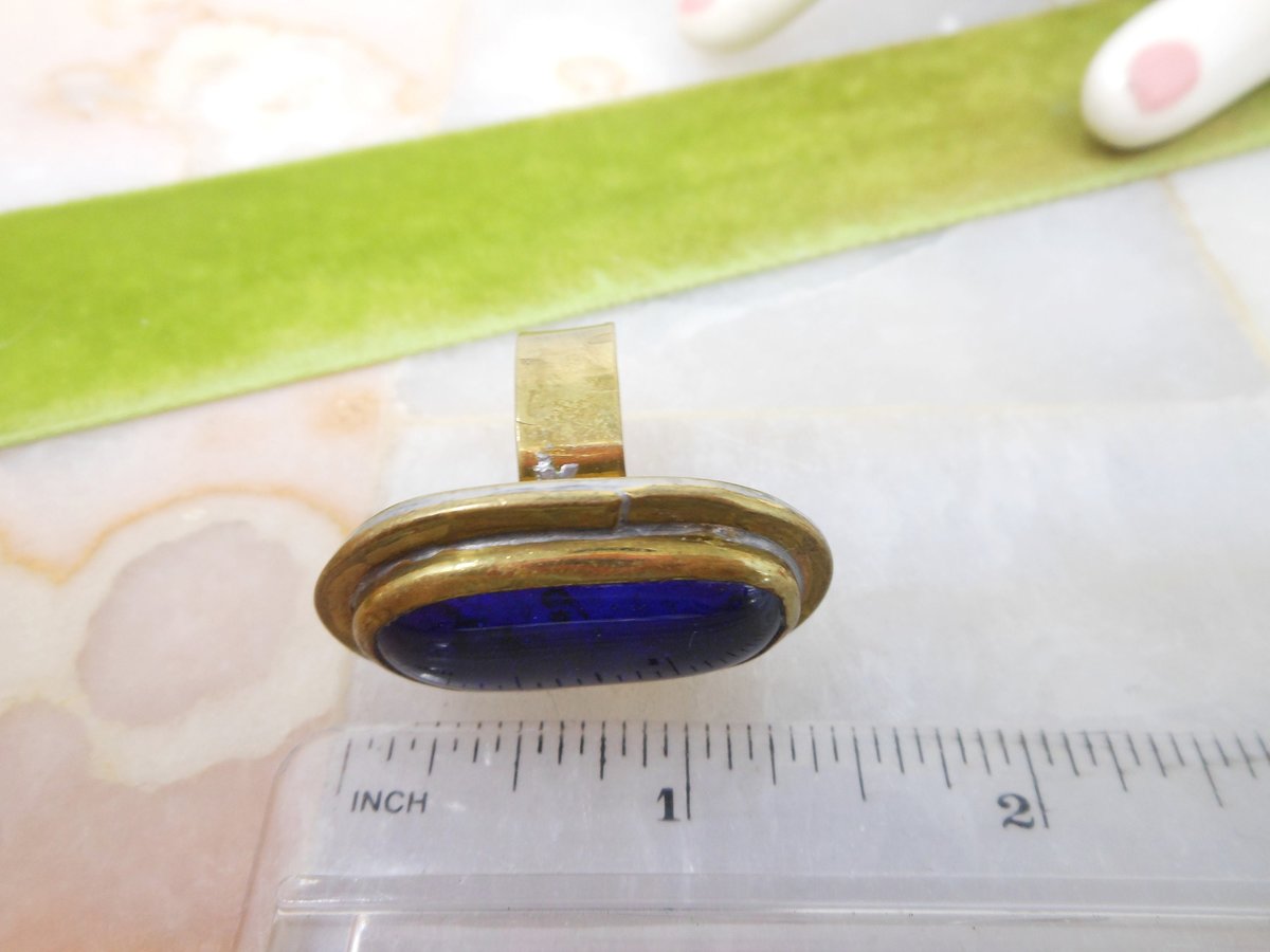 Vintage RAFAEL CANADA Statement Ring Brass Cobalt Blue Glass Artisan Brutalist Modernist Designer Jewelry Gift Size 8.5, VivianJoel.com