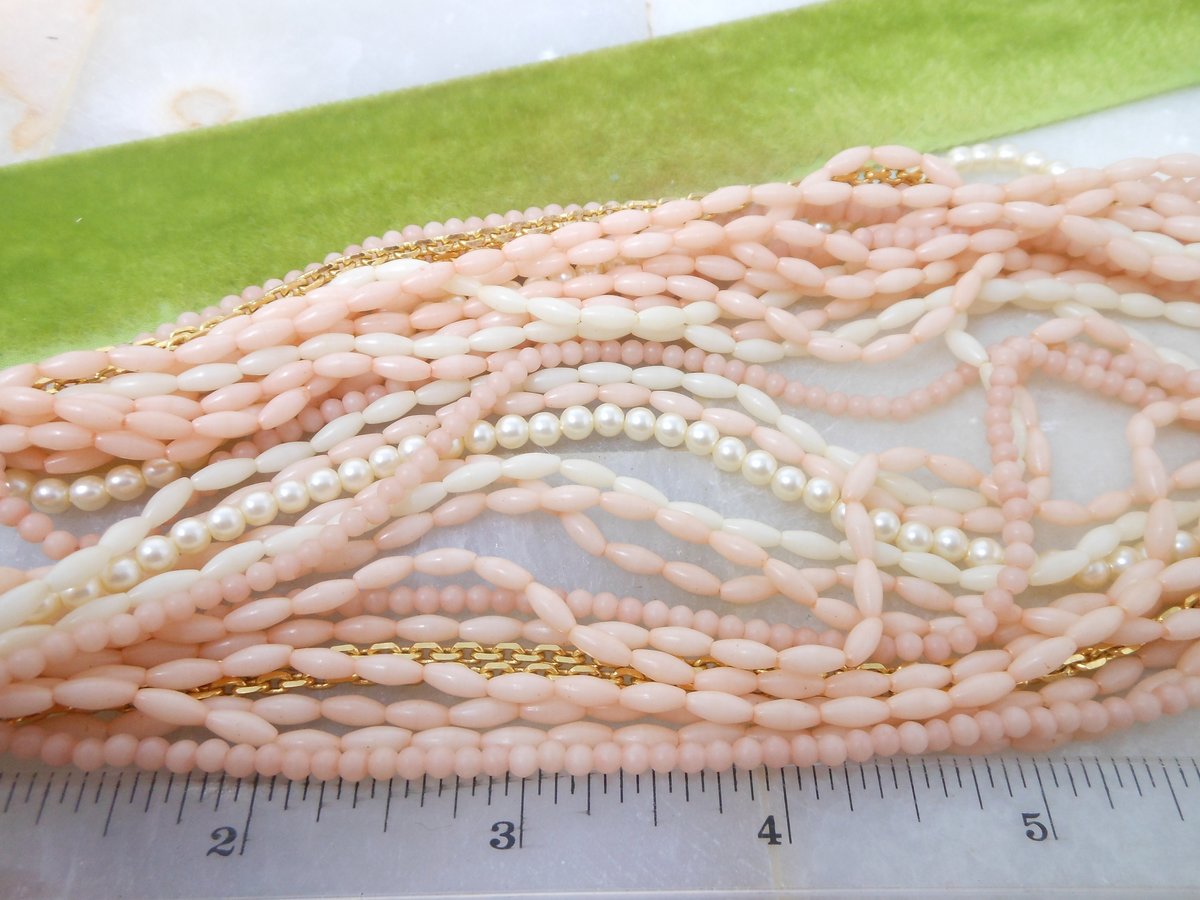 Vintage Crown TRIFARI Bead Necklace Multi Strand Pink Blush Plastic Gold Chain Faux Pearl Mid Century Designer Jewelry Gift, VivianJoel.com