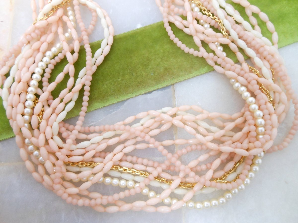 Vintage Crown TRIFARI Bead Necklace Multi Strand Pink Blush Plastic Gold Chain Faux Pearl Mid Century Designer Jewelry Gift, VivianJoel.com