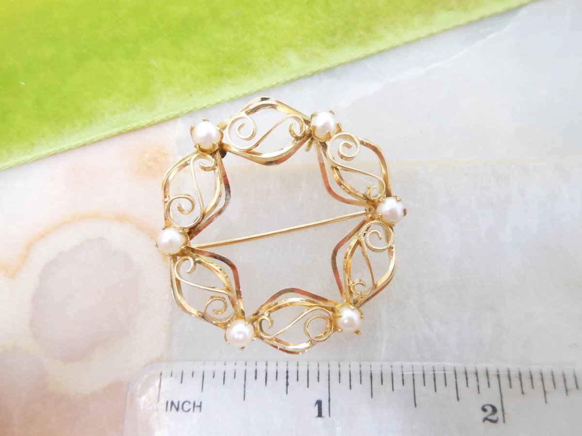 Vintage Gold Fill Brooch Pearl GF Pin Delicate Classic Wreath pendant Mid Century Designer TK or KT Mid Century Jewelry Gift, VivianJoel.com