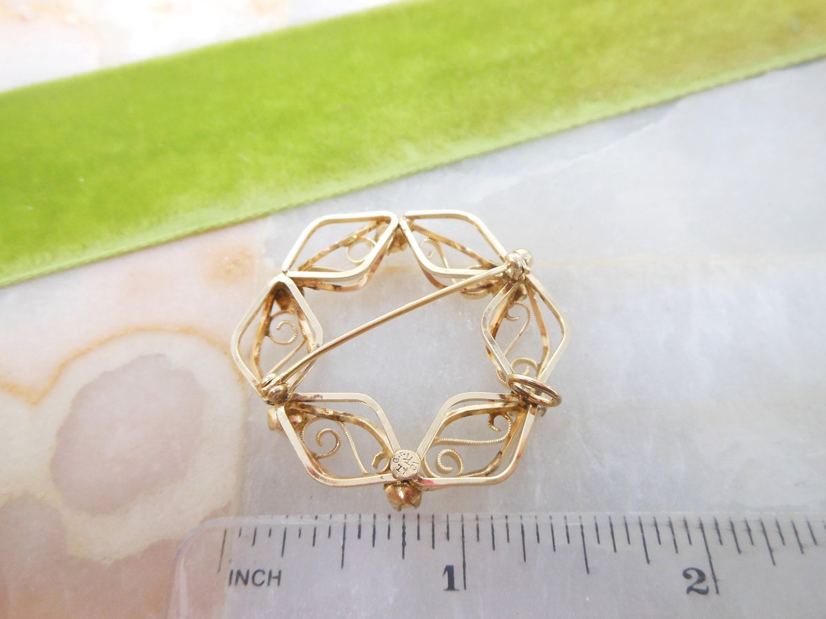 Vintage Gold Fill Brooch Pearl GF Pin Delicate Classic Wreath pendant Mid Century Designer TK or KT Mid Century Jewelry Gift, VivianJoel.com
