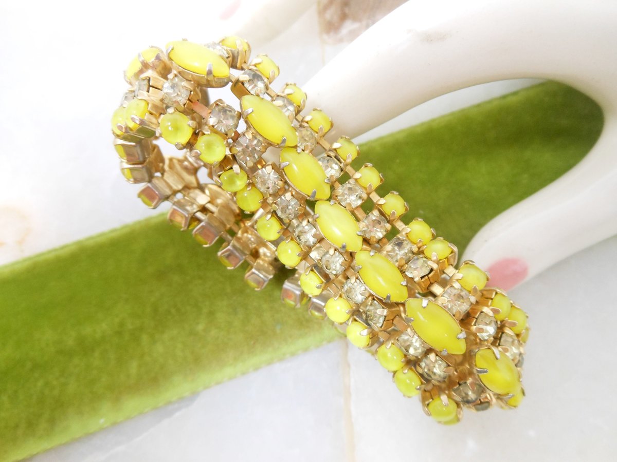 Vintage WARNER Givre Glass Bracelet Rhinestone Yellow Citrine Regency Revival Designer Mid Century Jewelry Gift, VivianJoel.com