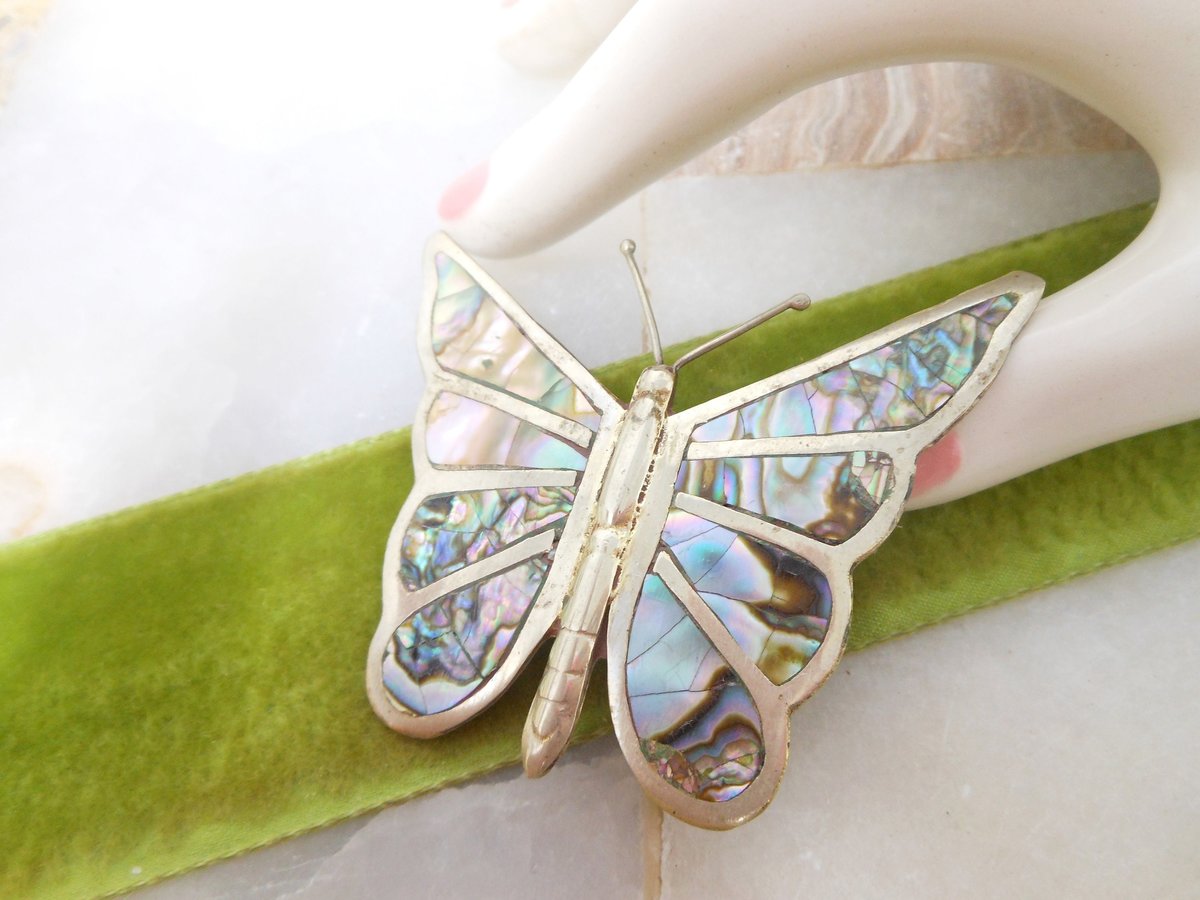 Vintage STERLING SILVER Butterfly Brooch Abalone Shell Inlay 925 Pin Mexico Artisan Designer Mid Century Jewelry Gift, VivianJoel.com