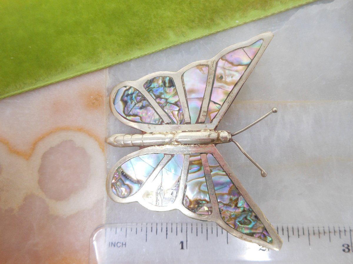 Vintage STERLING SILVER Butterfly Brooch Abalone Shell Inlay 925 Pin Mexico Artisan Designer Mid Century Jewelry Gift, VivianJoel.com