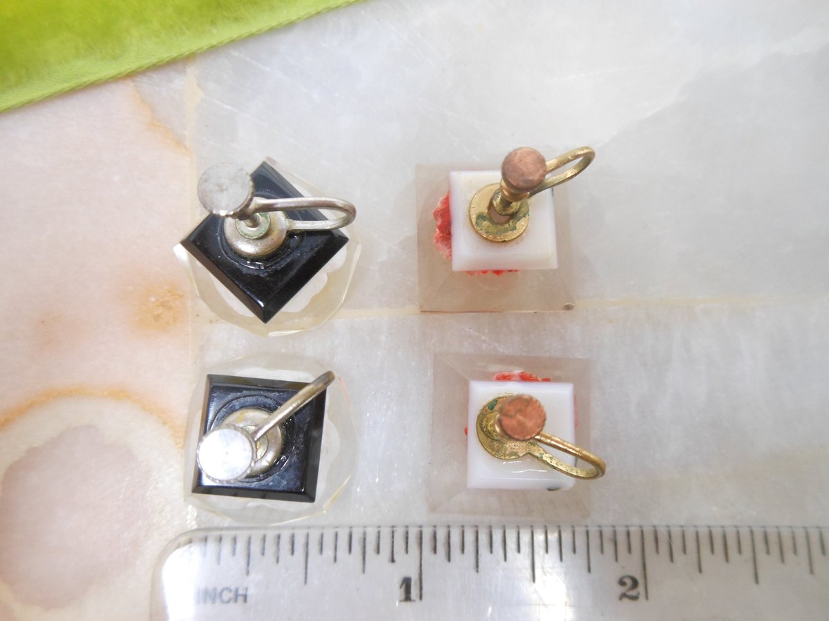 Vintage LOT 2 LUCITE Earrings Red Rose Reverse Carved White Magnolia Flower Resin Plastic Screw Back Mid Century Jewelry, VivianJoel.com