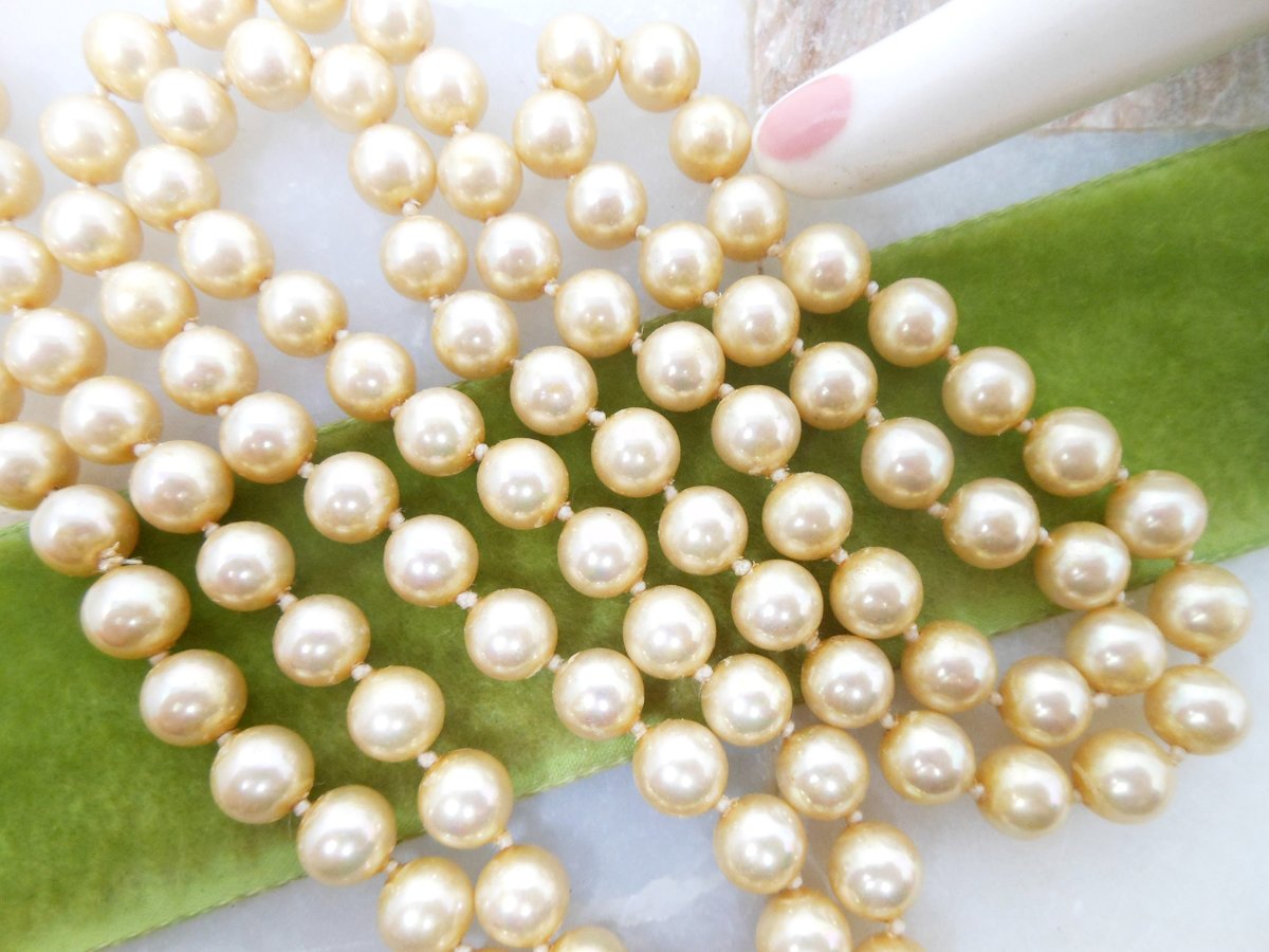 Vintage CAROLEE Long Necklace Golden Faux Pearl Glass Bead 37" Knotted Spacers Designer Elegant Classic Jewelry Gift, VivianJoel.com