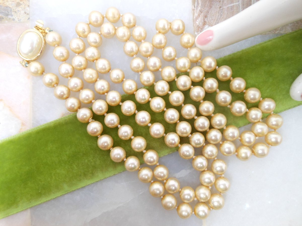 Vintage CAROLEE Long Necklace Golden Faux Pearl Glass Bead 37" Knotted Spacers Designer Elegant Classic Jewelry Gift, VivianJoel.com