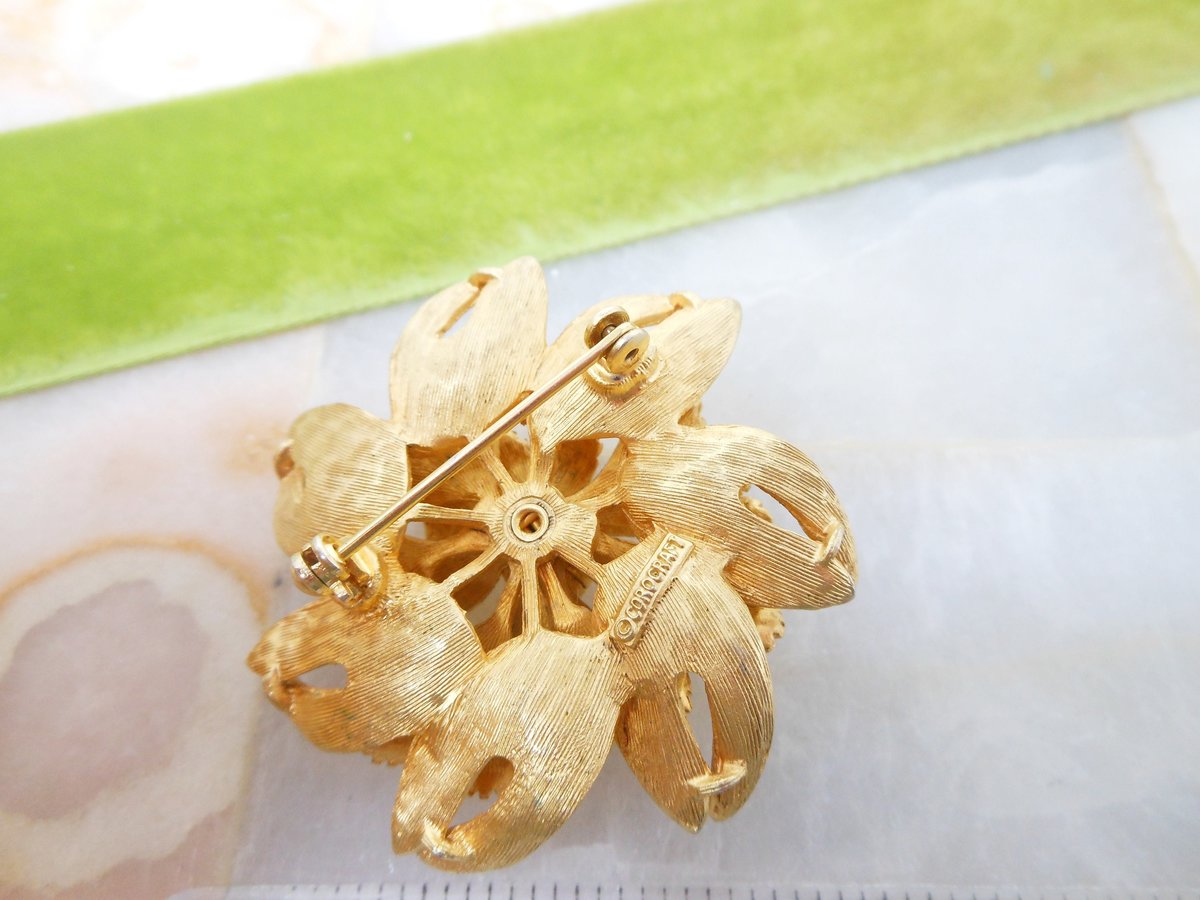 Vintage CORO CRAFT Flower Brooch Dimensional Layered Pin Gold Plate *as is* Designer Mid Century Jewelry, VivianJoel.com