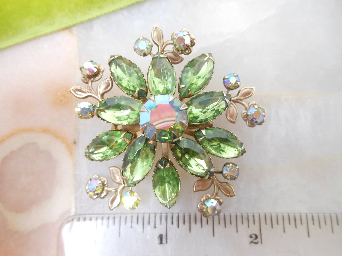 Vintage Green Flower Pin Rhinestone Brooch Aurora Borealis Crystal Layered Mid Century Jewelry Gift, VivianJoel.com