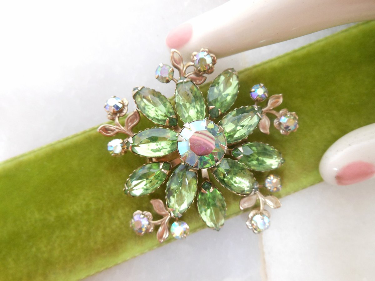 Vintage Green Flower Pin Rhinestone Brooch Aurora Borealis Crystal Layered Mid Century Jewelry Gift, VivianJoel.com