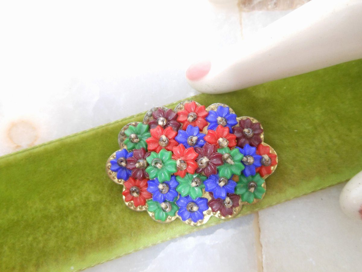 Vintage Tiny Flower Brooch Beaded Bouquet Cluster Pin Handcraft Green Red Blue Artisan Jewelry Gift Mid Century, VivianJoel.com
