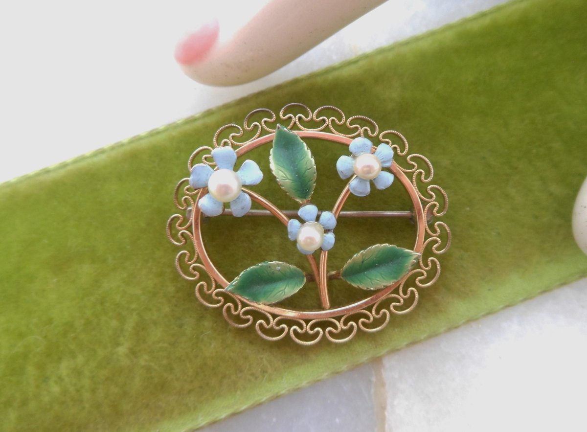 Vintage KREMENTZ Petite Forget Me Not Brooch Blue Flower Enamel Pin Pearl Gold Overlay Mid Century Designer Jewelry Gift, VivianJoel.com