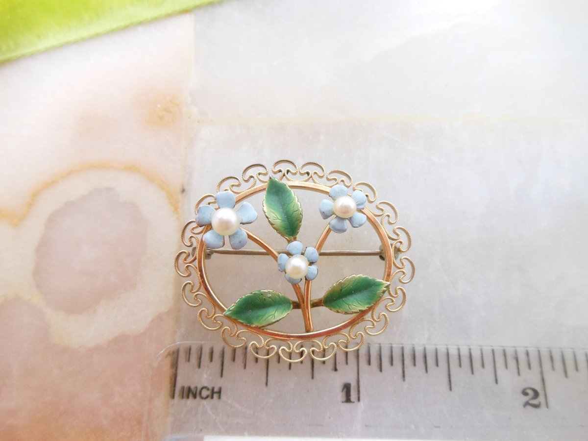 Vintage KREMENTZ Petite Forget Me Not Brooch Blue Flower Enamel Pin Pearl Gold Overlay Mid Century Designer Jewelry Gift, VivianJoel.com