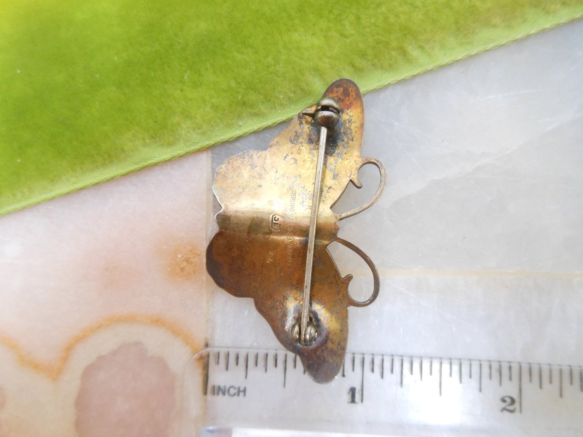 Vintage HROAR PRYDZ Norway Brooch STERLING Silver Butterfly Pin Enamel Guilloche Jens Erik Jensen 925 Mid Century Jewelry, VivianJoel.com