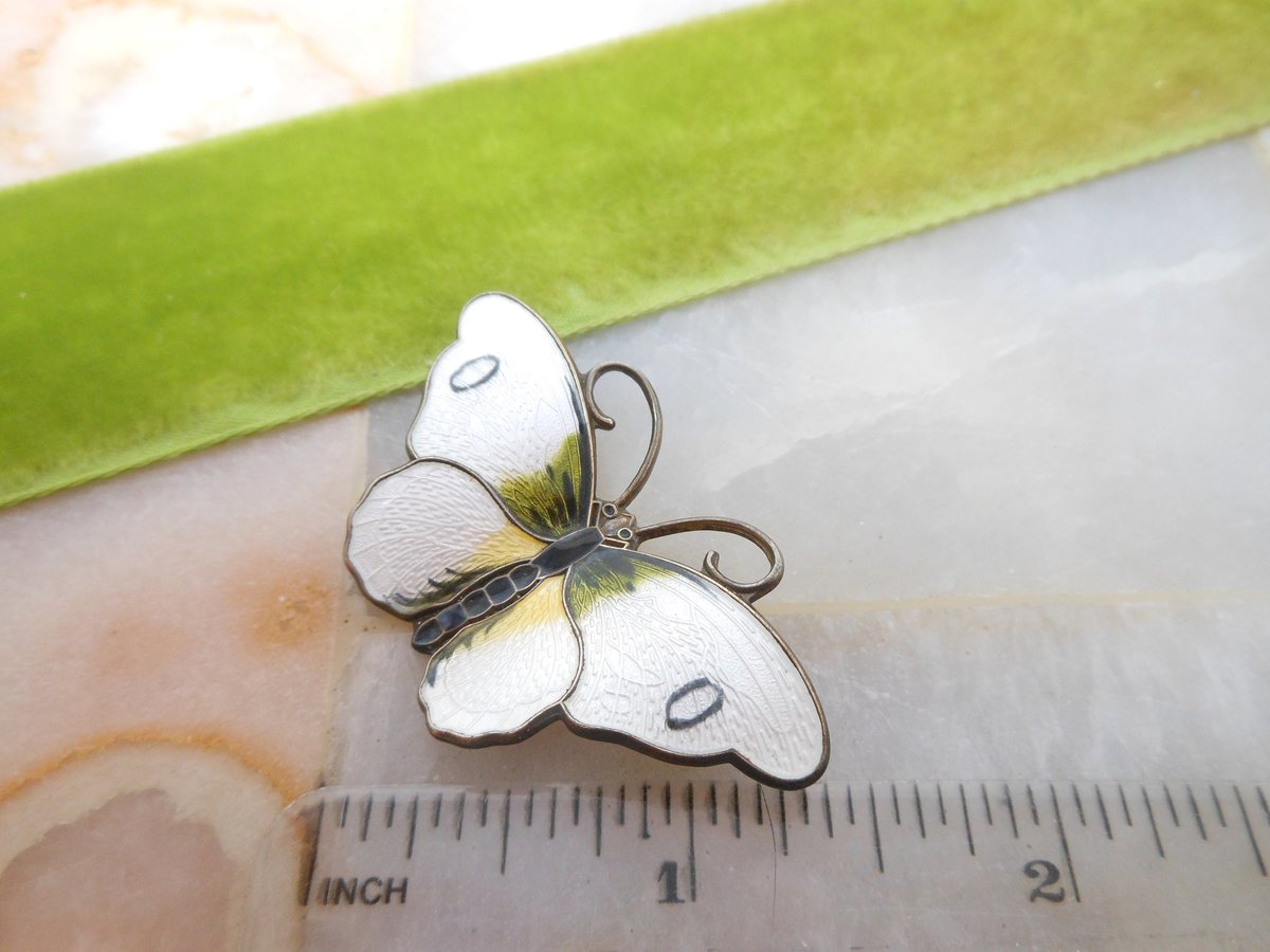 Vintage HROAR PRYDZ Norway Brooch STERLING Silver Butterfly Pin Enamel Guilloche Jens Erik Jensen 925 Mid Century Jewelry, VivianJoel.com