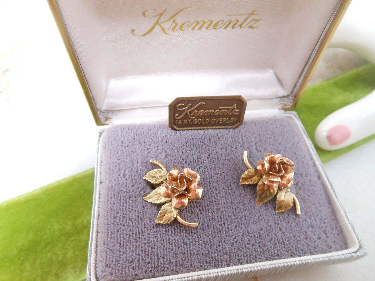 Vintage KREMENTZ Rose Flower Earrings Gold Overlay Two Tone Minimalist Wedding Flower Original Box Mid Century Jewelry Gift, VivianJoel.com