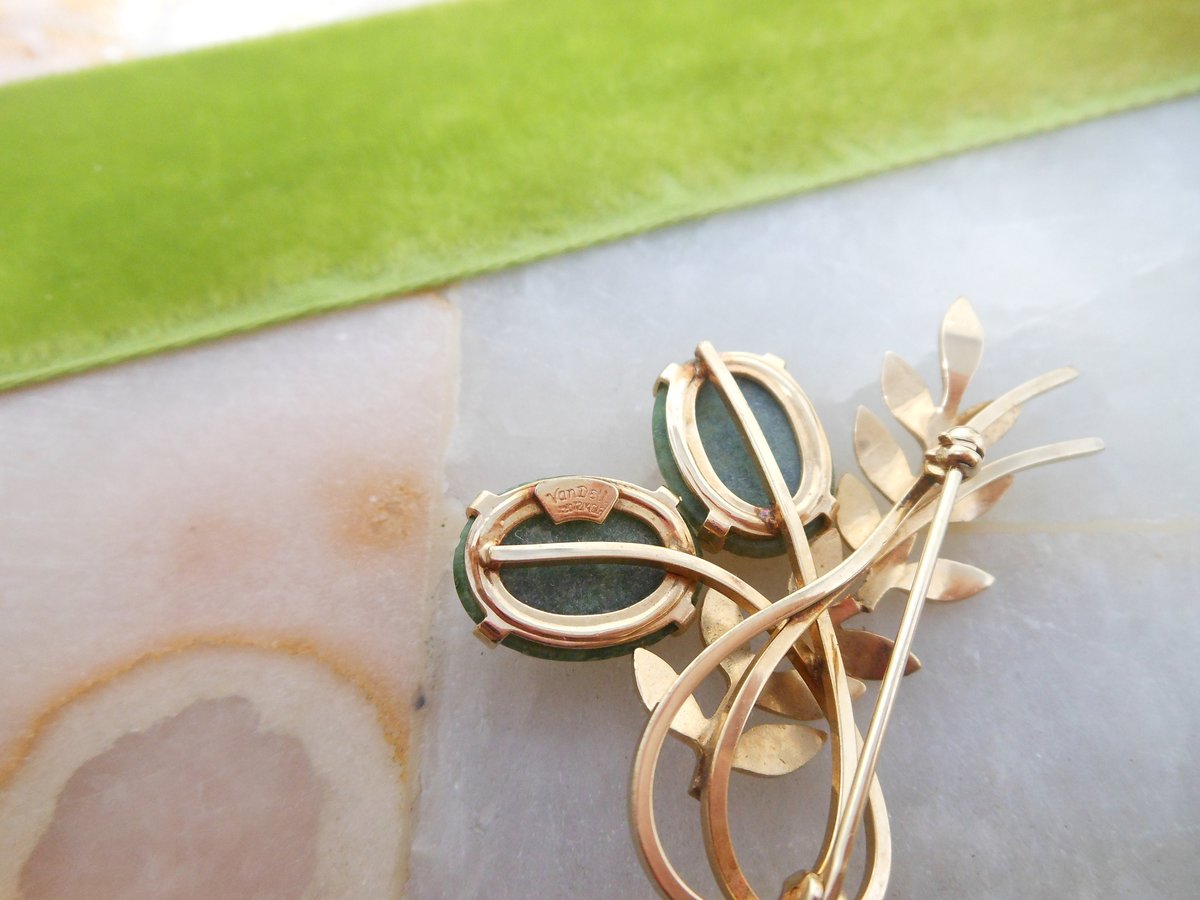 Vintage VAN DELL Carved Jade Pin Gemstone Brooch GF Gold Fill Flower Branch Mid Century Designer Jewelry Gift, VivianJoel.com