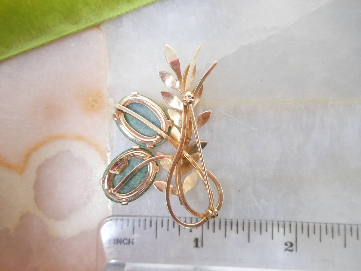 Vintage VAN DELL Carved Jade Pin Gemstone Brooch GF Gold Fill Flower Branch Mid Century Designer Jewelry Gift, VivianJoel.com