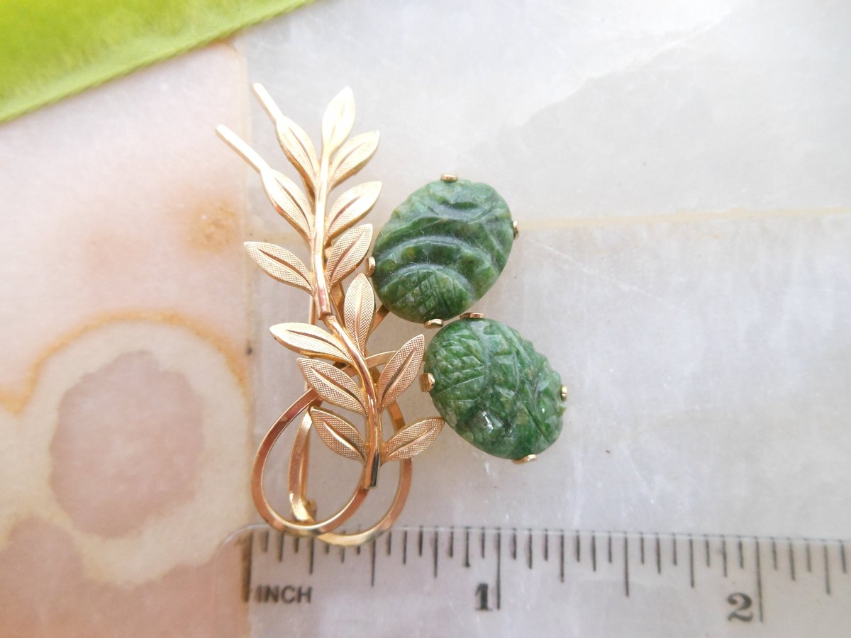 Vintage VAN DELL Carved Jade Pin Gemstone Brooch GF Gold Fill Flower Branch Mid Century Designer Jewelry Gift, VivianJoel.com