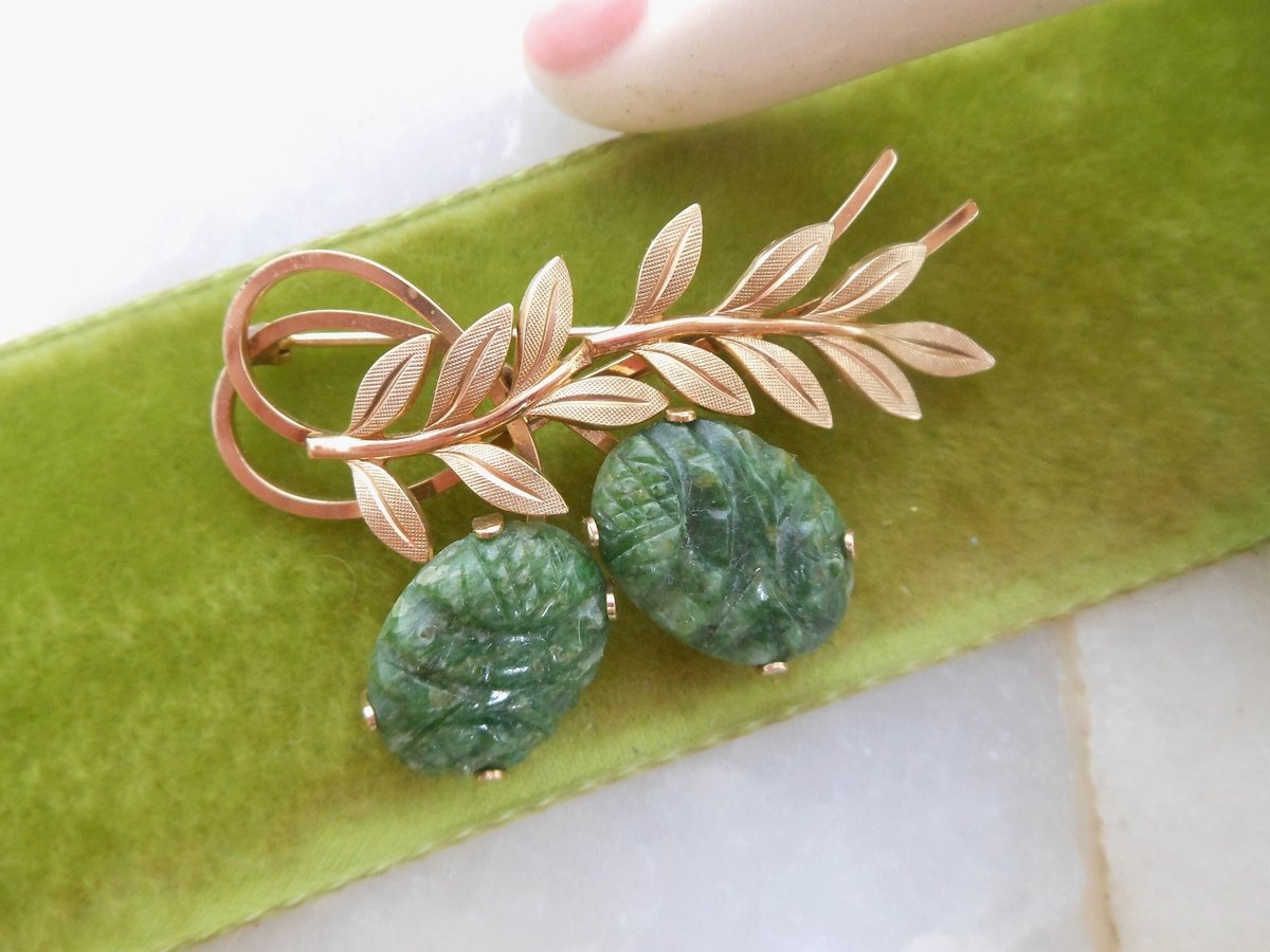 Vintage VAN DELL Carved Jade Pin Gemstone Brooch GF Gold Fill Flower Branch Mid Century Designer Jewelry Gift, VivianJoel.com