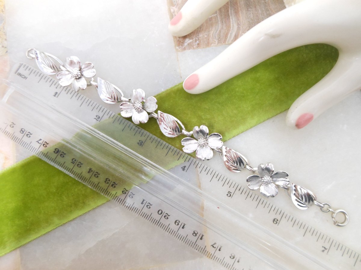 Vintage STERLING SILVER Bracelet Link Dogwood Flower Art Deco Jewelry Mid Century Gift, VivianJoel.com