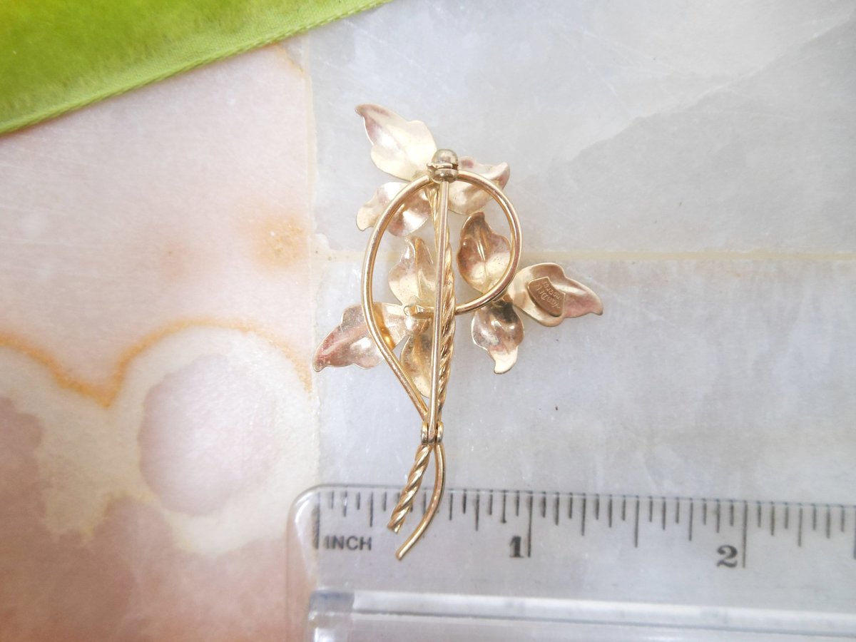 Vintage VAN DELL Crystal Brooch GF Flower Pin Gold Fill Delicate Elegant Mid Century Designer Jewelry Gift, VivianJoel.com