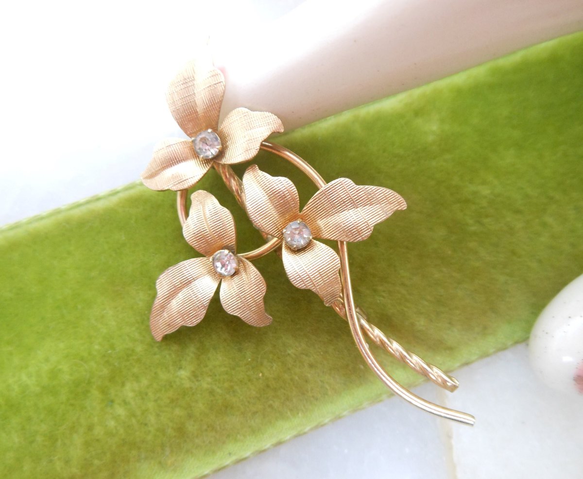Vintage VAN DELL Crystal Brooch GF Flower Pin Gold Fill Delicate Elegant Mid Century Designer Jewelry Gift, VivianJoel.com