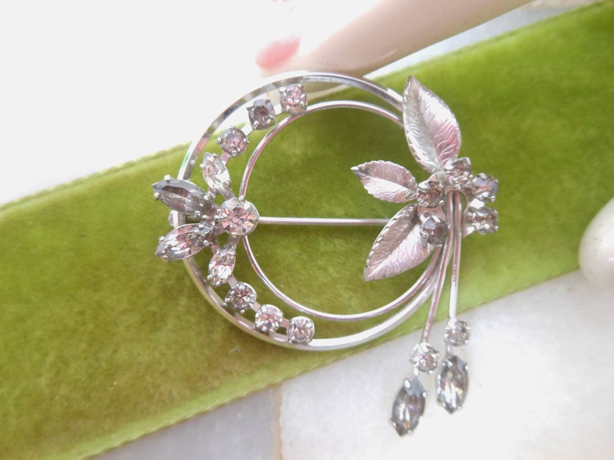 Vintage KREMENTZ Crystal Brooch Flower Spray Rhinestone Pin White Gold Overlay Designer Mid Century Jewelry Gift, VivianJoel.com