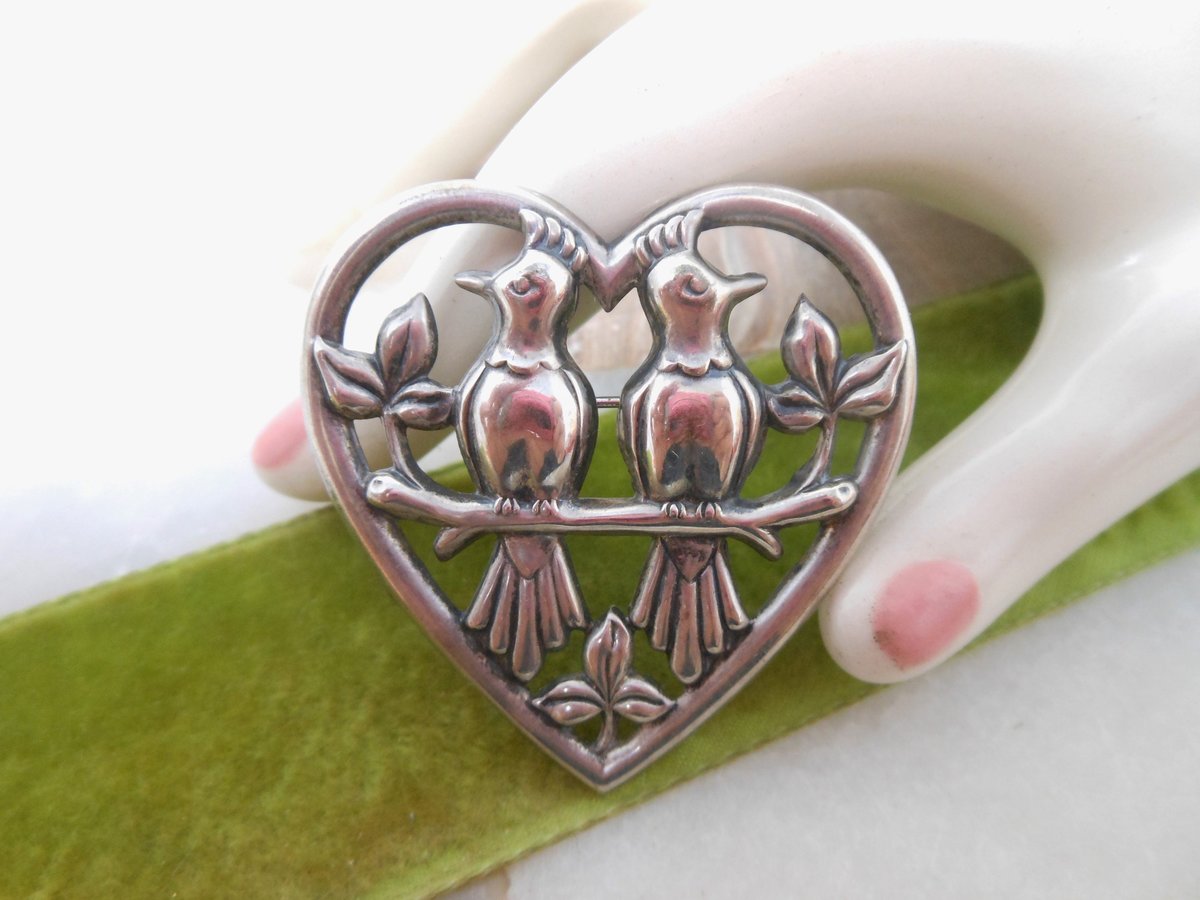 Vintage Norseland STERLING SILVER Brooch CORO Designer Pin Heart Figural Lovebird Mid Century Jewelry Gift, VivianJoel.com