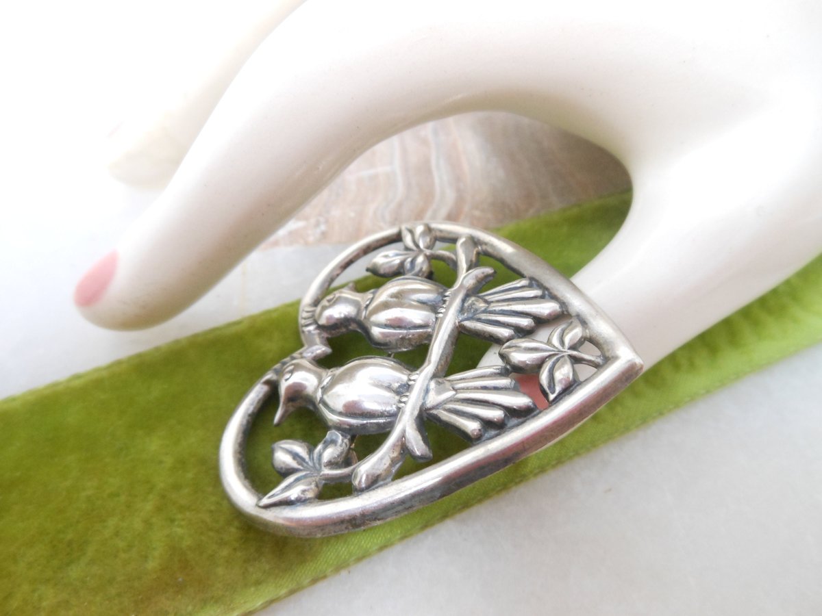 Vintage Norseland STERLING SILVER Brooch CORO Designer Pin Heart Figural Lovebird Mid Century Jewelry Gift, VivianJoel.com