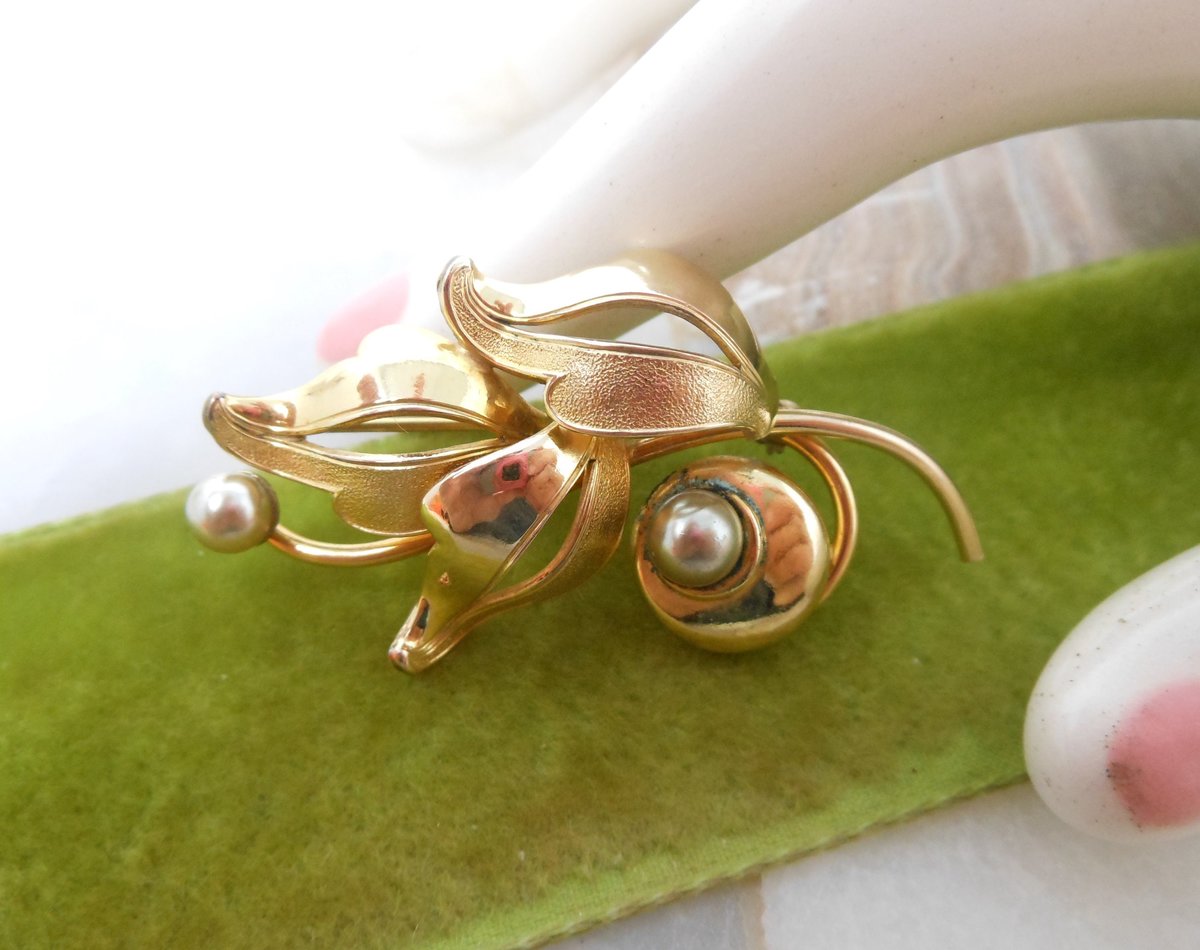 Vintage FORSTNER Brooch Gold Fill Pin Flower Branch GF Designer Classic Elegant Jewelry Mid Century, VivianJoel.com