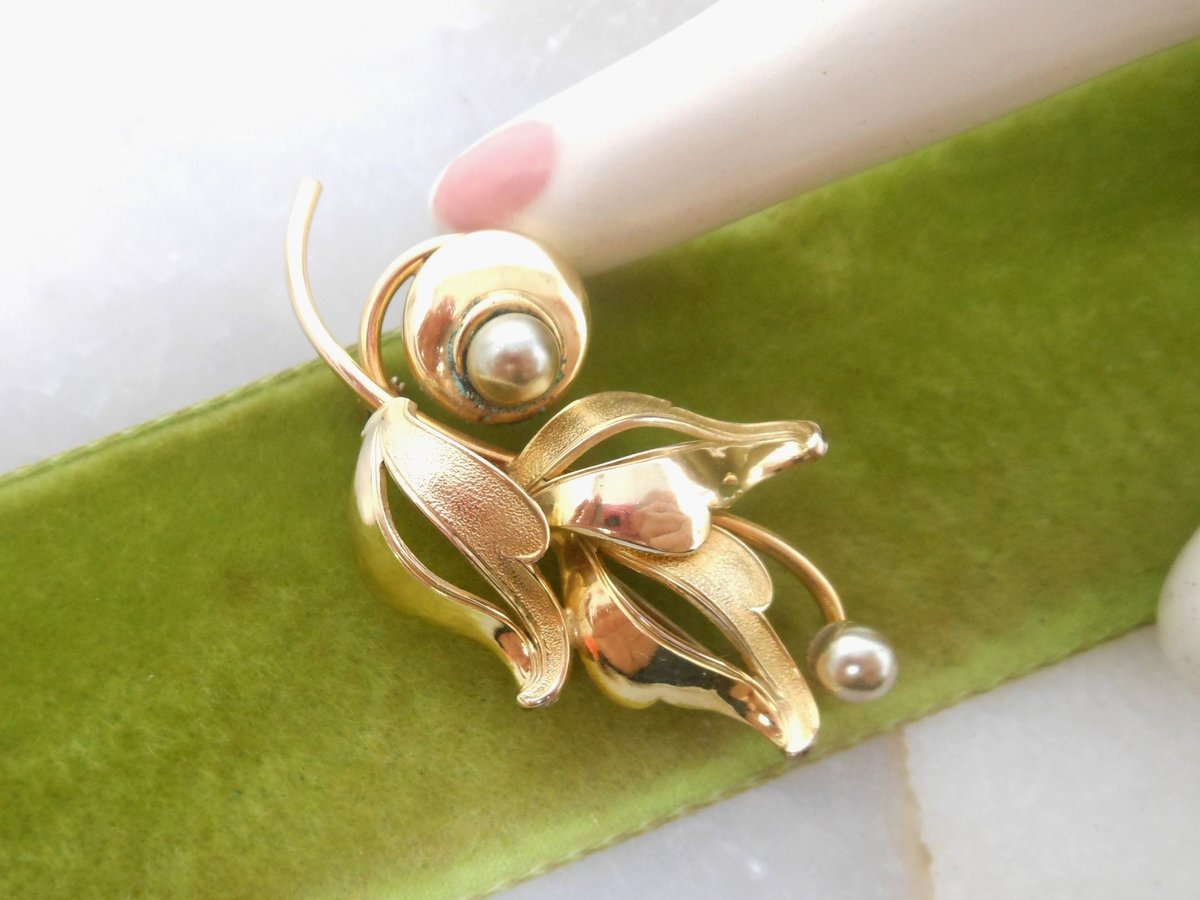 Vintage FORSTNER Brooch Gold Fill Pin Flower Branch GF Designer Classic Elegant Jewelry Mid Century, VivianJoel.com