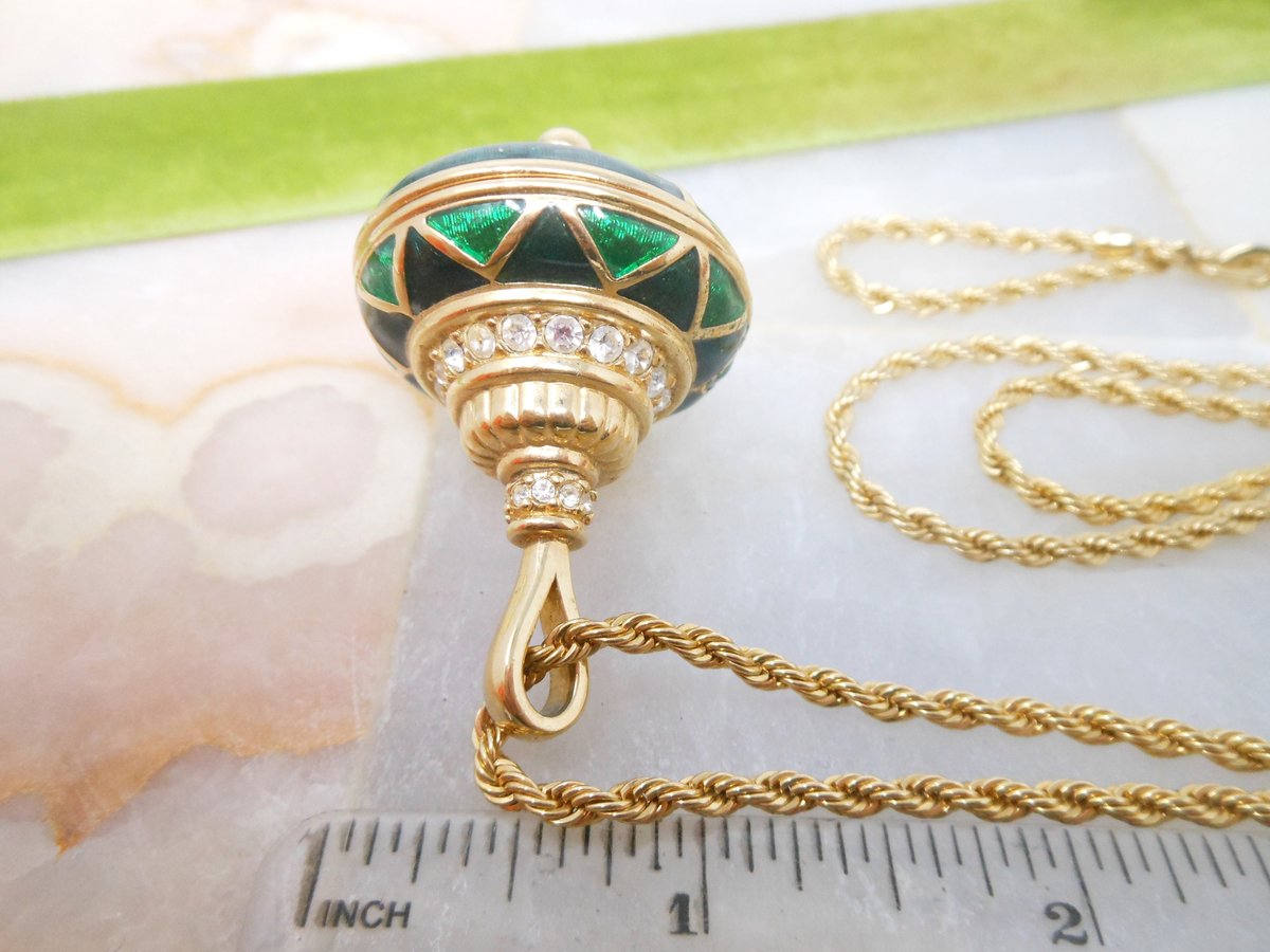 Vintage SWAROVSKI Pendant Necklace Chunky Fob Blue Green Enamel Crystal Rhinestone SWAN LOGO Statement Runway Jewelry Gift, VivianJoel.com