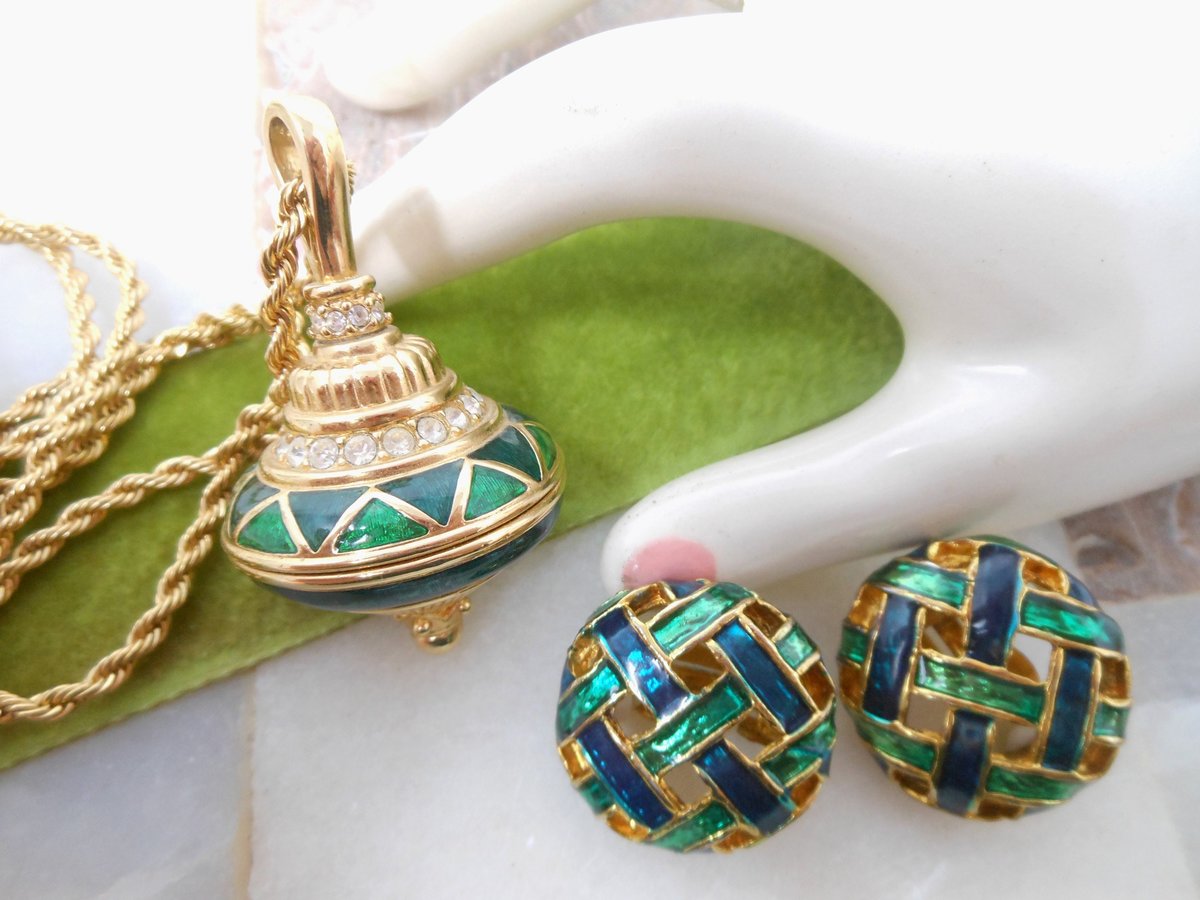 Vintage SWAROVSKI Pendant Necklace Chunky Fob Blue Green Enamel Crystal Rhinestone SWAN LOGO Statement Runway Jewelry Gift, VivianJoel.com