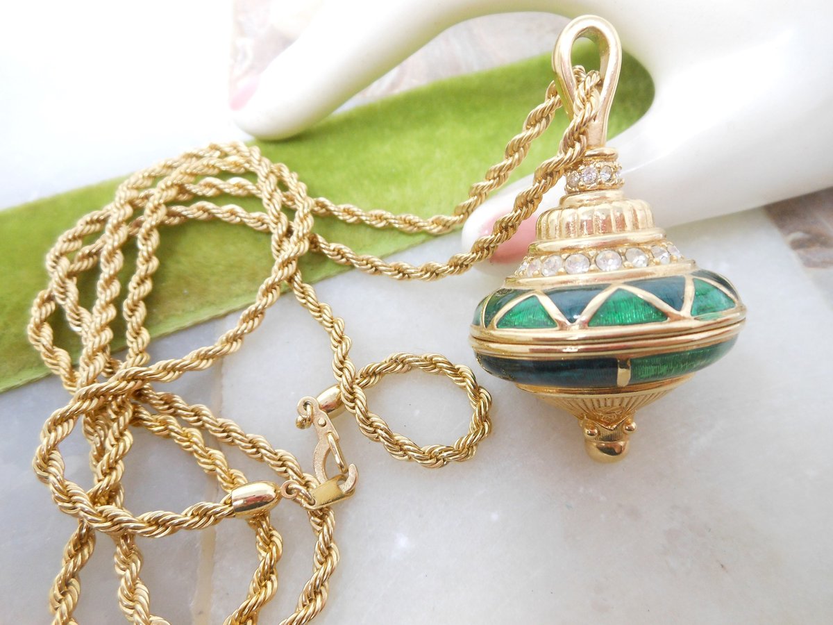 Vintage SWAROVSKI Pendant Necklace Chunky Fob Blue Green Enamel Crystal Rhinestone SWAN LOGO Statement Runway Jewelry Gift, VivianJoel.com