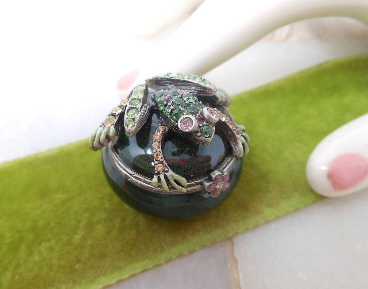 Vintage JAY STRONGWATER Trinket Ring Pill Box Petite Crystal Encrusted Frog Green Enamel Designer Vanity Gift, VivianJoel.com