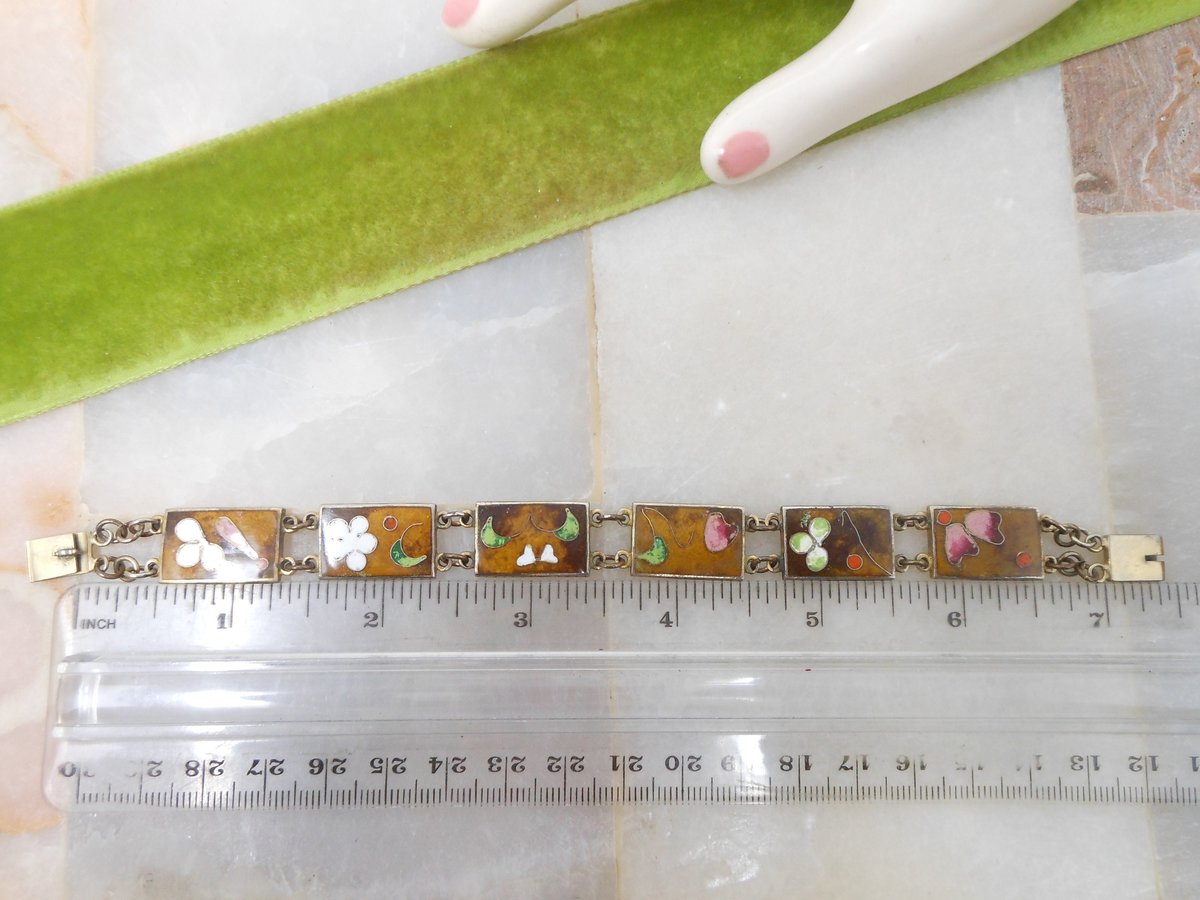 Vintage ROBERT KUO Bracelet Asian Cloisonne Link Enamel Panel Flower Abstract TAIWAN Designer Mid Century Jewelry Gift, VivianJoel.com