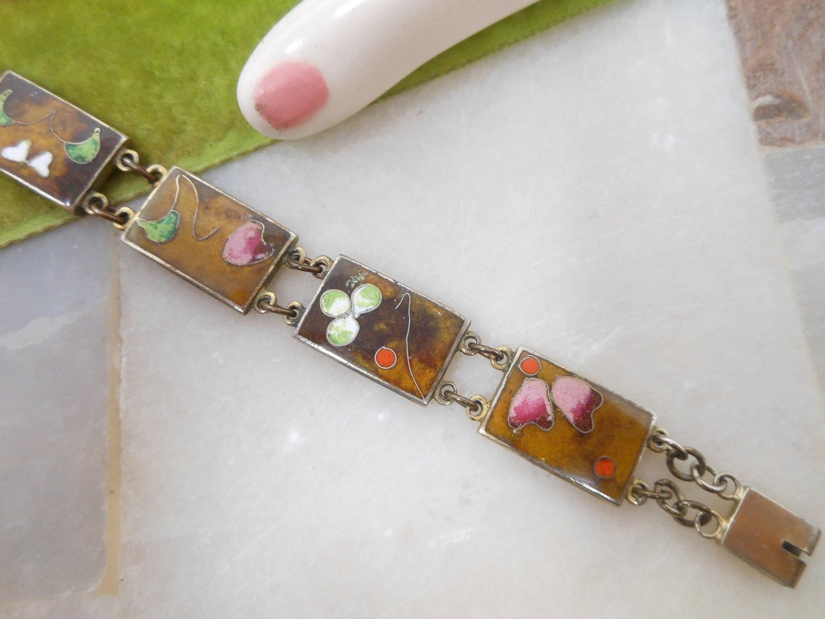 Vintage ROBERT KUO Bracelet Asian Cloisonne Link Enamel Panel Flower Abstract TAIWAN Designer Mid Century Jewelry Gift, VivianJoel.com