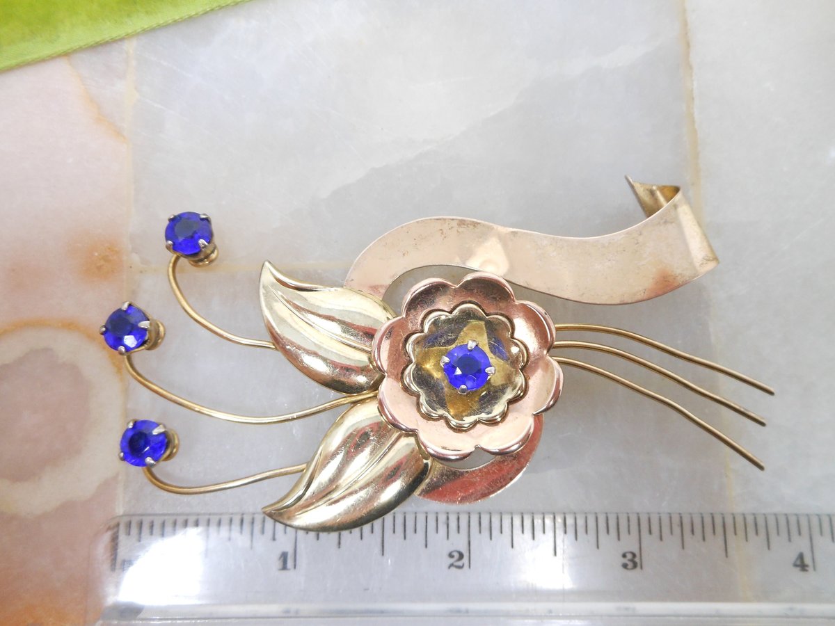 Vintage HARRY ISKIN Brooch Gold Fill Two Tone GF Pin Cobalt Blue Rhinestone Flower Designer Mid Century Gift, VivianJoel.com
