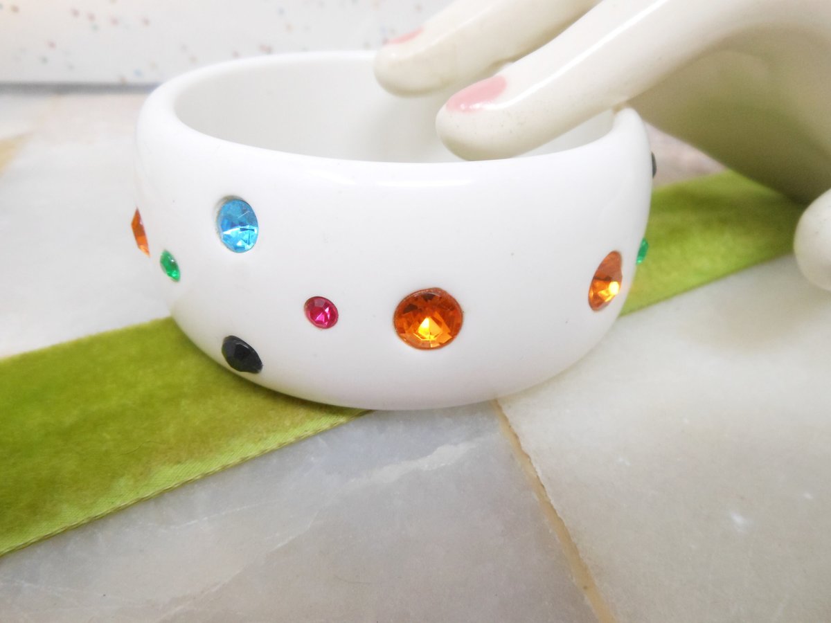 Vintage Chunky White Lucite Bracelet Bangle Rhinestone Imbedded Mod Wide Plastic Resin Mid Century Jewelry Gift, VivianJoel.com