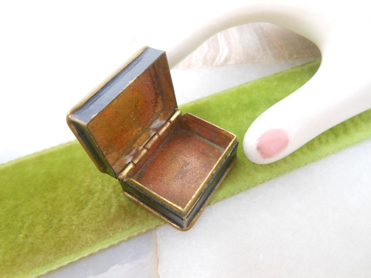 Vintage VOLUPTE Brass Enamel Small Snuff Ring Pill Box Casket Petite Tiny Flower Handpaint Jewelry Gift Mid Century, VivianJoel.com