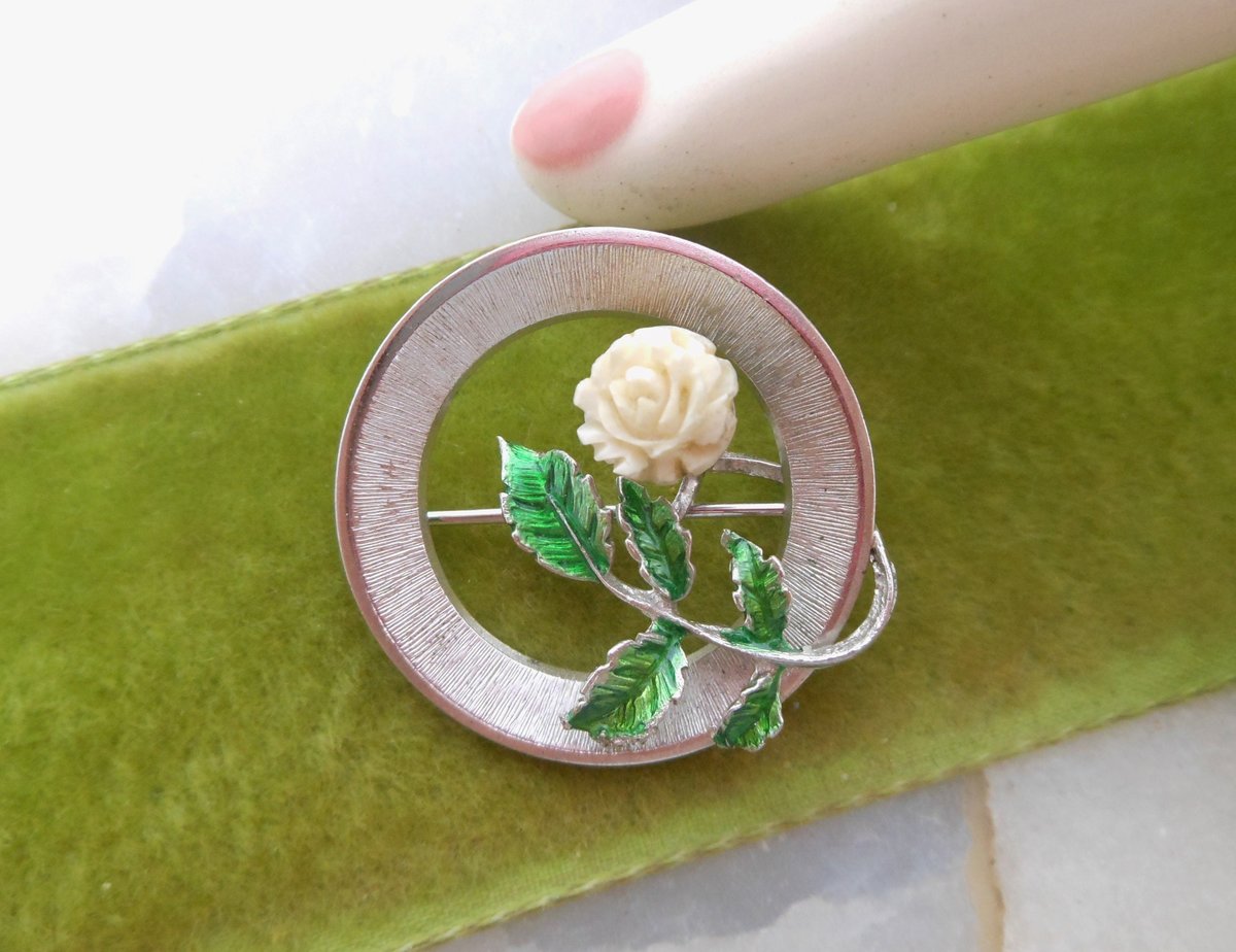 Vintage Beau STERLING SILVER Brooch Petite Flower Carved Rose Pin Green Enamel Designer 925 Mid Century Jewelry Gift, VivianJoel.com
