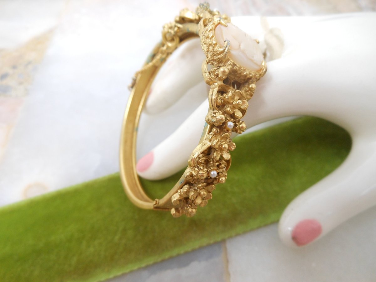 Vintage FLORENZA Victorian Revival Bracelet Clamper Cuff Cameo Pearl Ornate Designer Jewelry Mid Century *As Is*, VivianJoel.com