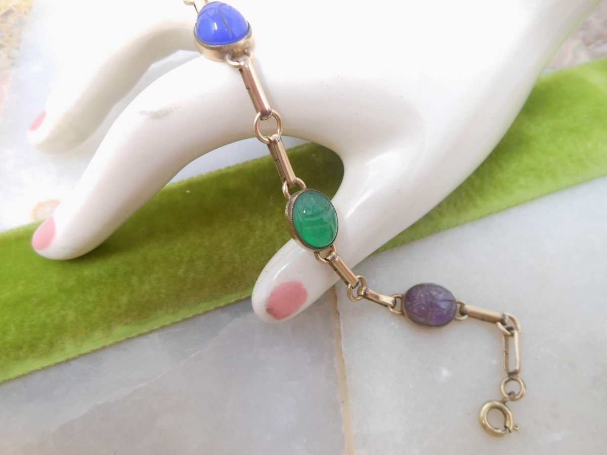 Vintage Egyptian Revival Carved Gemstone Scarab Bracelet Beetle GOLD Fill 12K GF Jewelry Gift Designer Mid Century, VivianJoel.com